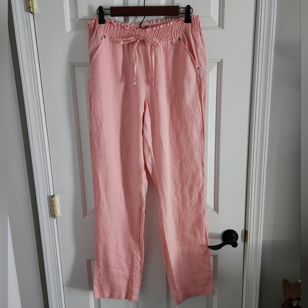 GUESS Peach Drawstring Linen Straight Leg Pants